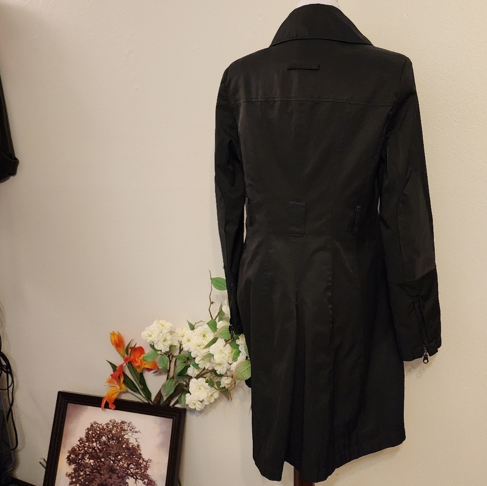 DKNY Black Trench Coat Classic Tailored Design Double Breasted Military Zippers - Picture 3 of 16